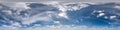 Seamless cloudy blue sky hdri panorama 360 degrees angle view with beautiful clouds  with zenith for use in 3d graphics or game as Royalty Free Stock Photo