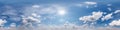 Seamless cloudy blue sky hdri panorama 360 degrees angle view with zenith and beautiful clouds for use in 3d graphics as sky dome Royalty Free Stock Photo