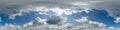 seamless cloudy blue skydome 360 hdri panorama view with flock of birds in awesome clouds with zenith for use in 3d graphics or Royalty Free Stock Photo