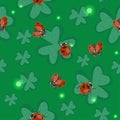 Seamless clover texture with ladybugs. Vector pattern Royalty Free Stock Photo