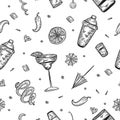 Seamless cocktail party pattern vector design with glasses, shakers, lemon. Black alcohol Doodle Engraving hand drawn