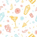 Seamless cocktail party pattern vector design with glasses, shakers, lemon. Colorful alcohol Doodle Engraving hand drawn