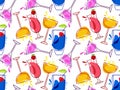 Seamless cocktails Pattern. Tasty alcoholic cocktails. Various colored drinks. Bright Mixed drinks. Repeated linear