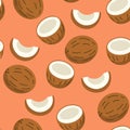 Seamless coconut fruit pattern on coral background Royalty Free Stock Photo