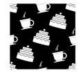 Seamless coffee and cake pattern. Tea and cakes pattern. Menu design. Vector illustration. Tea and cake seamless pattern. White Royalty Free Stock Photo