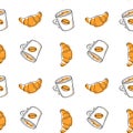 Seamless coffee mug pattern and doodle croissant