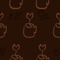 Seamless coffee pattern. Outline. The design of the cafe, shop, bar