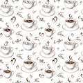 Seamless coffee, tea pattern isolated on white. Hand drawn coffee cups endless background with lettering. sketch doodle style Royalty Free Stock Photo