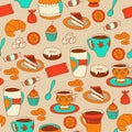 Seamless coffee and tea pattern with sweets Royalty Free Stock Photo
