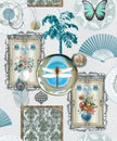 Seamless collage of frames, flowers, ceramic, butterfly, hand fan, ornamental motifs surface pattern textile design