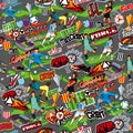 Seamless color pattern on a football theme on a gray background. Football attributes, football players of different teams, balls,