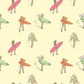 Seamless color pattern with girls with surf boards walking along the beach.