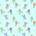 Seamless color pattern with girls with surf boards walking along the beach.