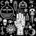 Seamless color pattern: human hands in tattoos, alchemical symbols. Royalty Free Stock Photo