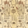 Seamless color pattern: human hands in tattoos, alchemical symbols. Royalty Free Stock Photo