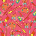 Seamless Colored Back To School Pattern With Pencil, Pens, Butterfly, Eraser, Supplies, Stationary And Creative Elements