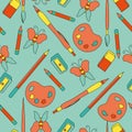 Seamless Colored Back To School Pattern With Pencil, Pens, Butterfly, Eraser, Supplies, Stationary And Creative Elements