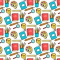 Seamless colored back to school pattern with supplies stationary and creative elements. Colorful fun cute vector line