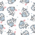 Seamless colored background with cute cat and heart.