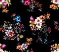 Seamless colored flowers for textile; Retro style floral arrangement, vintage style with black background.