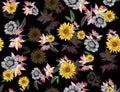 Seamless colored flowers for textile; Retro style floral arrangement, vintage style with black background. Royalty Free Stock Photo