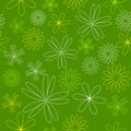 Seamless colored line pattern. Outline yellow flowers on green color background. Royalty Free Stock Photo