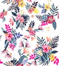 Seamless Colored Tropical Flowers; Retro Hawaiian Floral Pattern, Vintage Style On White Background.