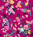 Seamless colored tropical flowers for textile; Retro Hawaiian style floral arrangement, vintage style with black pink background.