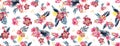 Seamless colored tropical flowers for textile; Retro Hawaiian style floral arrangement, vintage style with black background.Seamle