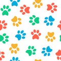 Seamless colorful animal paw pattern on white background