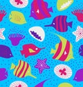 Seamless colorful background with cute fishes, jellyfishes. Marine texture, pattern with sea creatures, coral reefs. Royalty Free Stock Photo