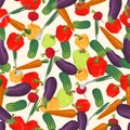 Seamless colorful background made of eggplant, green onion, radish, pepper and cucumber in flat design