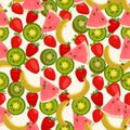 Seamless colorful background made of kiwi, watermelon, banana an Royalty Free Stock Photo