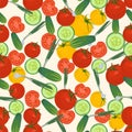 Seamless colorful background made of tomato, green onion and cucumber in flat design