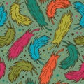 Seamless colorful background with plumes. Decorative doodle pattern with feathers