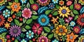 Seamless colorful batik flowers pattern Brightly colored flowers are arranged in a pattern on a black background Creative AI