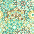 Seamless colorful ethnic pattern with mandalas in oriental style. Round doilies with blue, brown, green curls and swirls Royalty Free Stock Photo