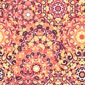 Seamless colorful ethnic pattern with mandalas in oriental style. Round doilies with yellow, orange, brown curls and swirls Royalty Free Stock Photo