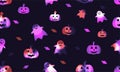 Seamless colorful halloween. Ghost with pumpkin and candy colorful on dark background