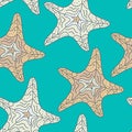 Seamless colorful hand-drawn pattern with sea stars. Summer sea vector illustration