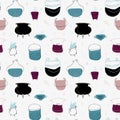 Seamless colorful handdrawn vector pattern of cauldrons for witchcraft