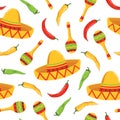 Seamless colorful Mexican pattern with sombrero and chili pepper Royalty Free Stock Photo