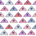 Seamless colorful pastel texture with all seeing eye pyramid symbol. Triangle with eye. Pattern.