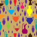 Seamless colorful pattern with amphora and ancient pottery