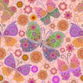 Seamless colorful pattern with butterflies and flowers. Vector picture. Royalty Free Stock Photo