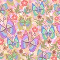 Seamless colorful pattern with butterflies and flowers. Vector picture. Royalty Free Stock Photo