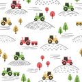 Seamless colorful pattern with doodle tractors