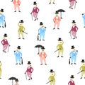 Seamless colorful pattern with funny victorian gentlemen.