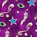 Seamless Colorful Pattern Mystical Cosmic Set of Deco Elements. Eye, Feather, Star and Beads