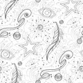 Seamless Colorful Pattern Mystical Cosmic Set of Deco Elements. Eye, Feather, Star and Beads